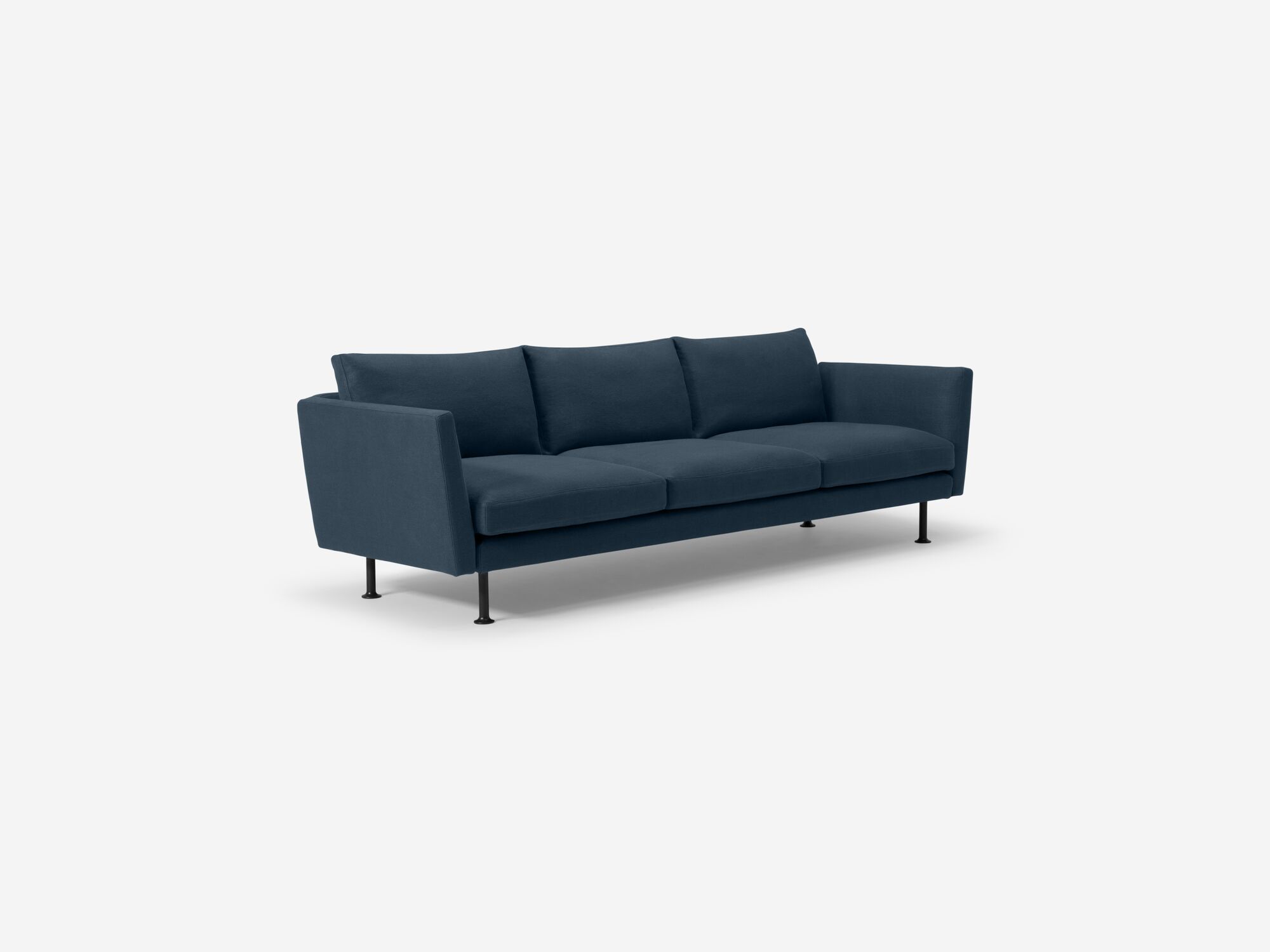 Modern blue sofa with high arms front angle view